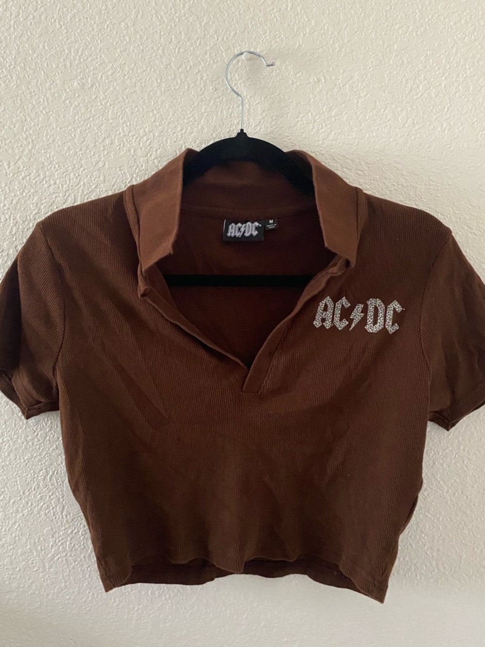 AC/DC Brown Cropped Polo Shirt with Rhinestone Logo
